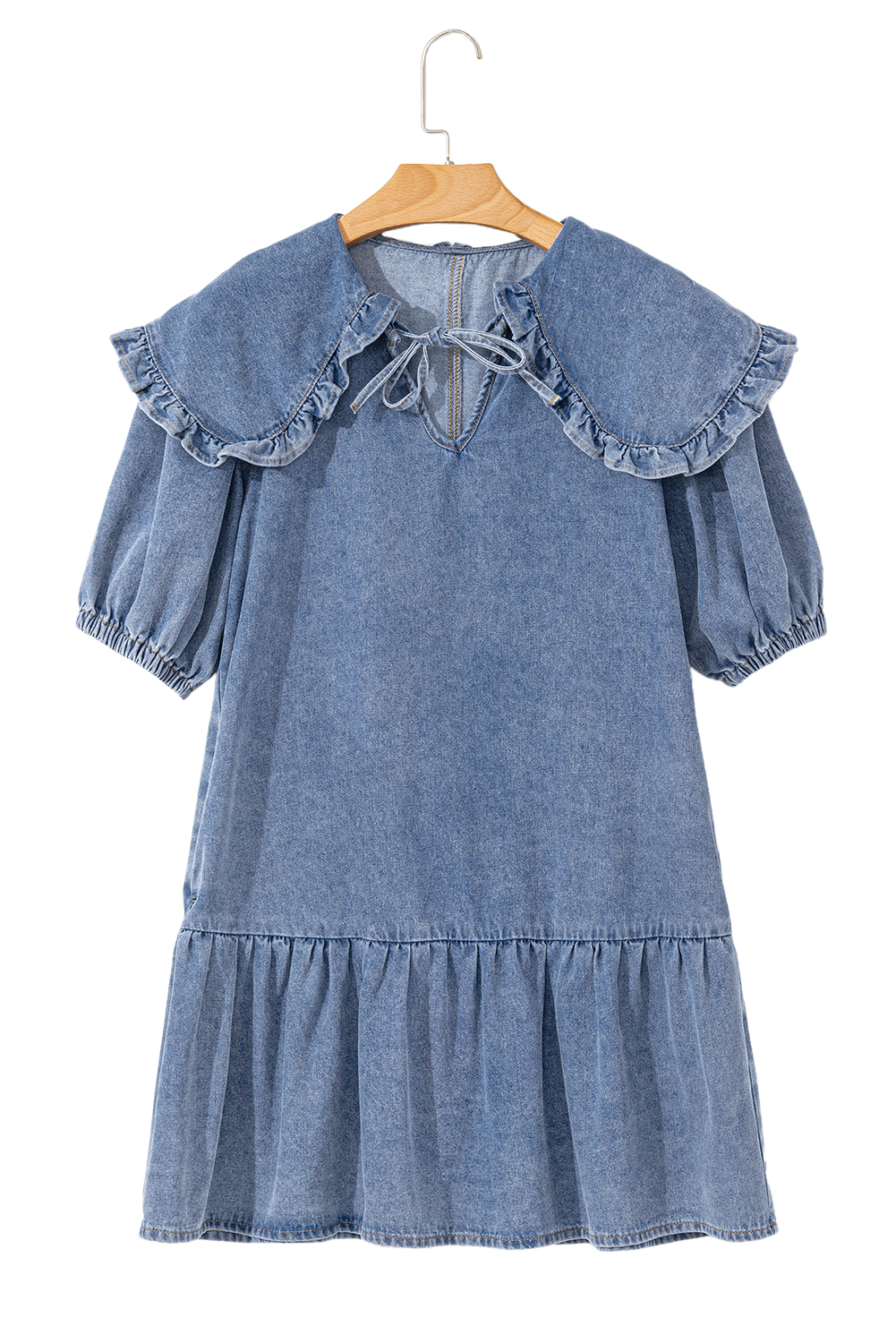 Dusk Blue Ruffled Collared Side Pockets Puff Sleeve Denim Mini Dress - loveforevers