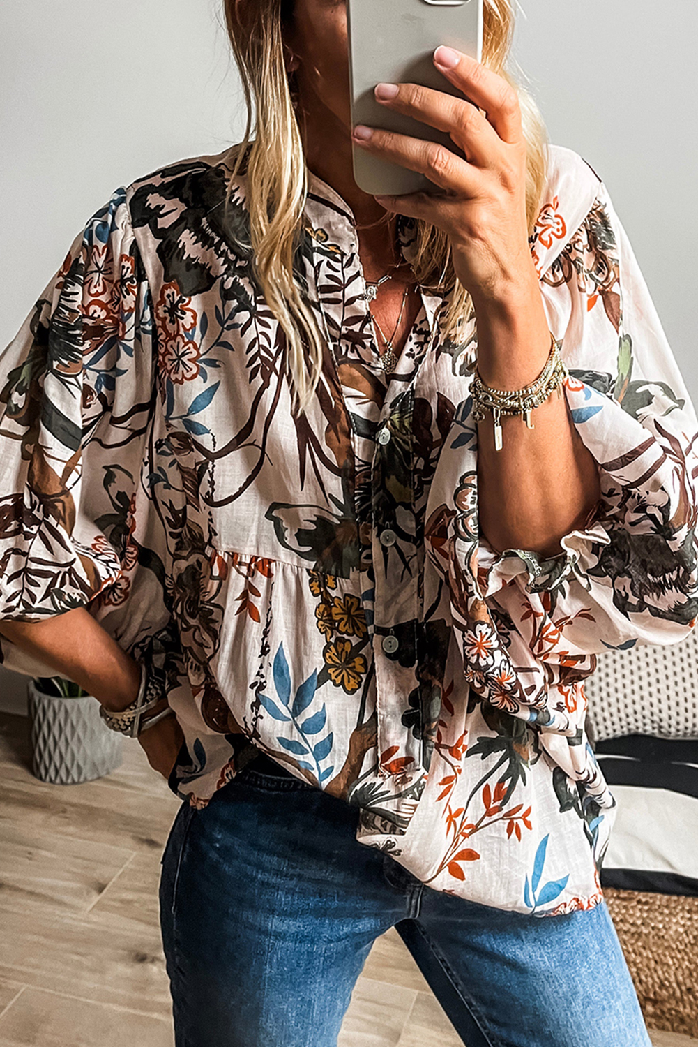 White Floral Print Balloon Sleeves Button Up Loose Casual Shirt - loveforevers
