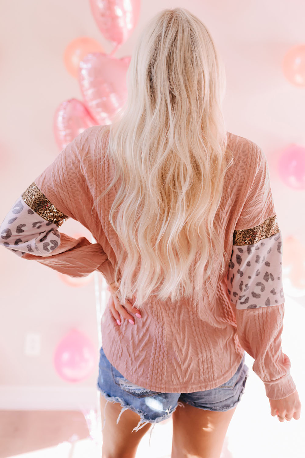 Pink Leopard Sequin Splicing Sleeves Textured Knit Top - loveforevers