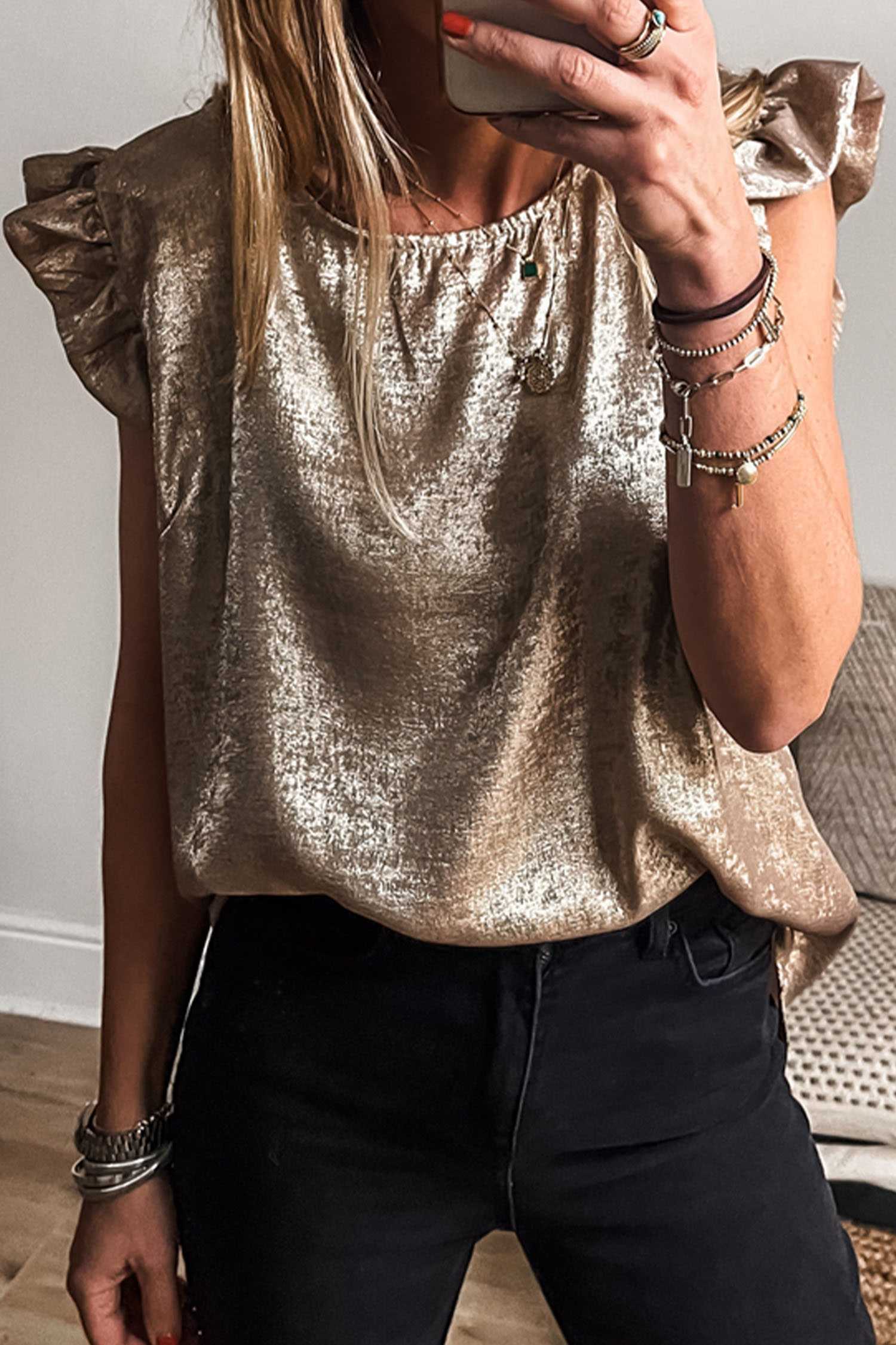 Apricot Metallic Round Neck Smocked Long Sleeve Blouse - loveforevers