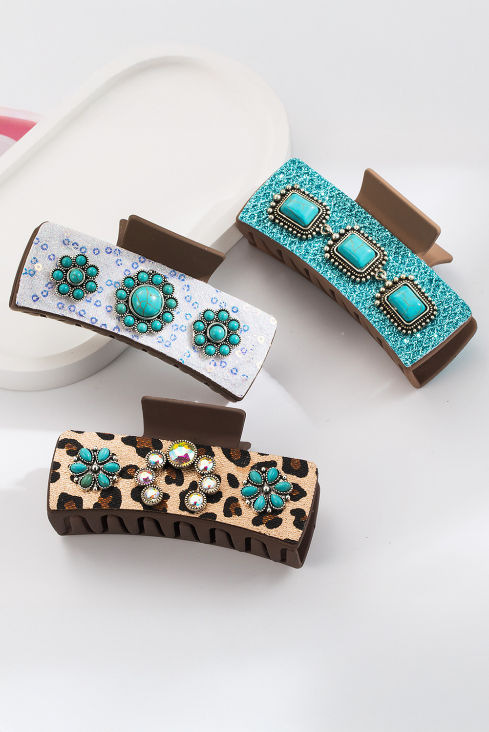 Parchment Western Leopard Print Gem Turquoise Detail Jaw Hair Clip - loveforevers