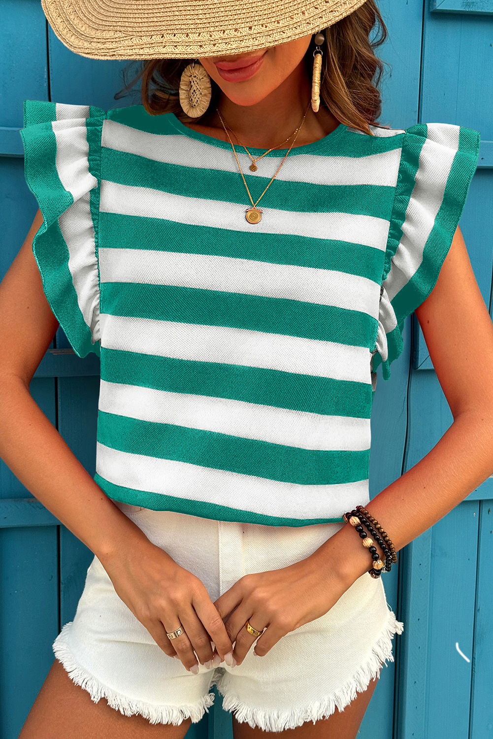 Green Stripe Flutter Sleeve Round Neck Shift Dress - loveforevers