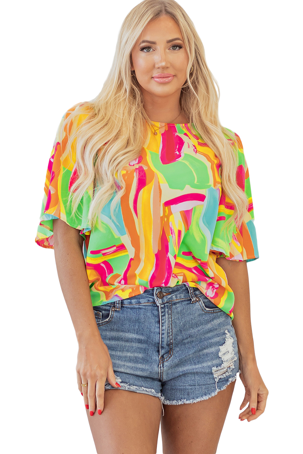 Multicolour Abstract Print Keyhole Back Pleated Half Sleeve Blouse - loveforevers