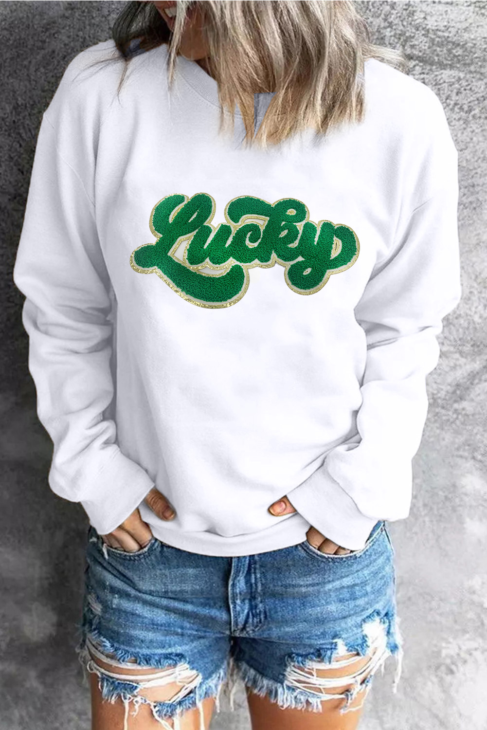White Shiny Trim Chenille Lucky Pattern Sweatshirt - loveforevers