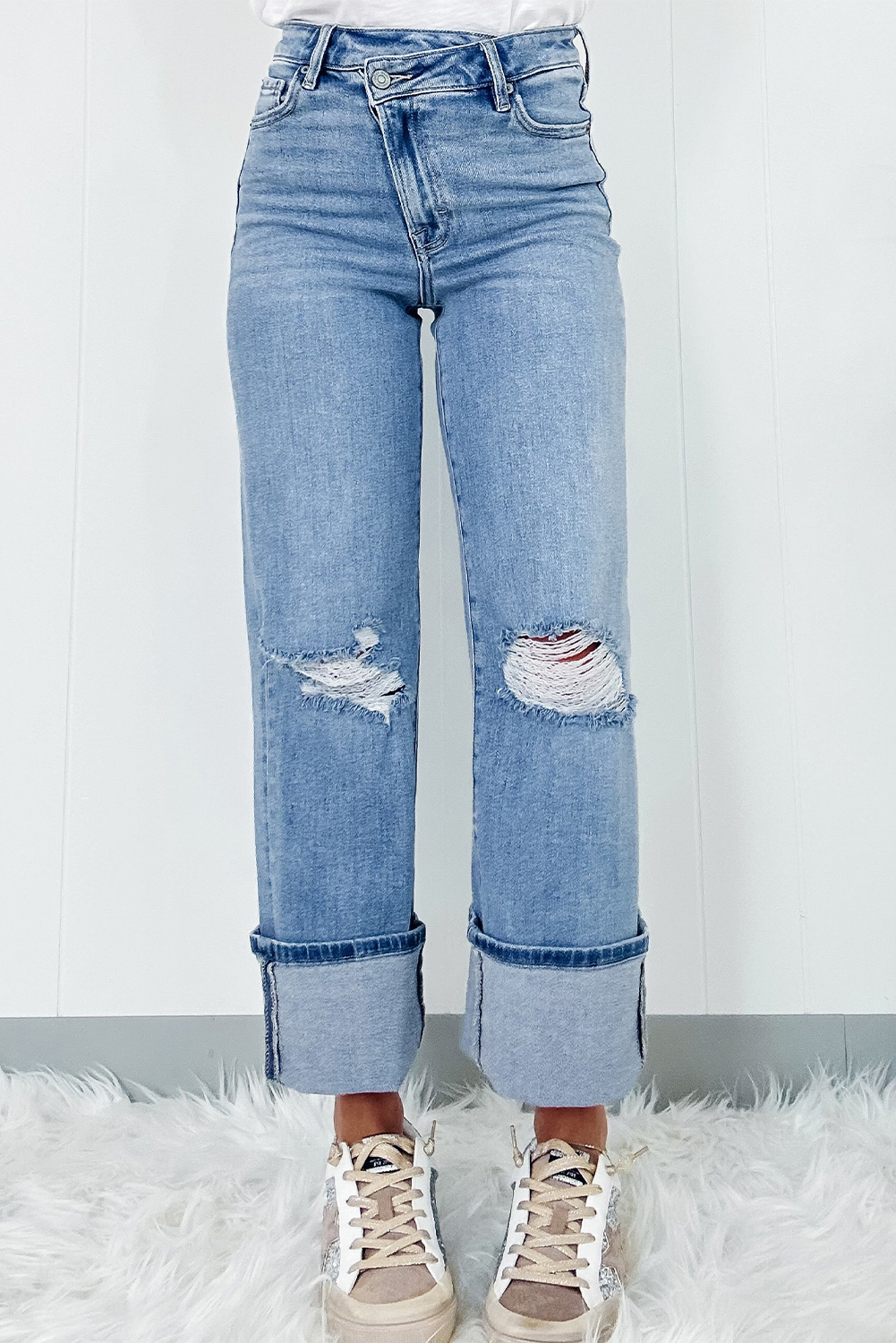 Dusk Blue High Rise Asymmetric Button Zip Fly Ripped Jeans - loveforevers