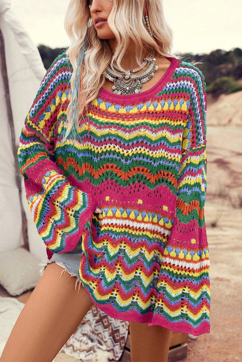 Rose Red Colorblock Striped Hollowed Knit Loose Sleeve Sweater - loveforevers