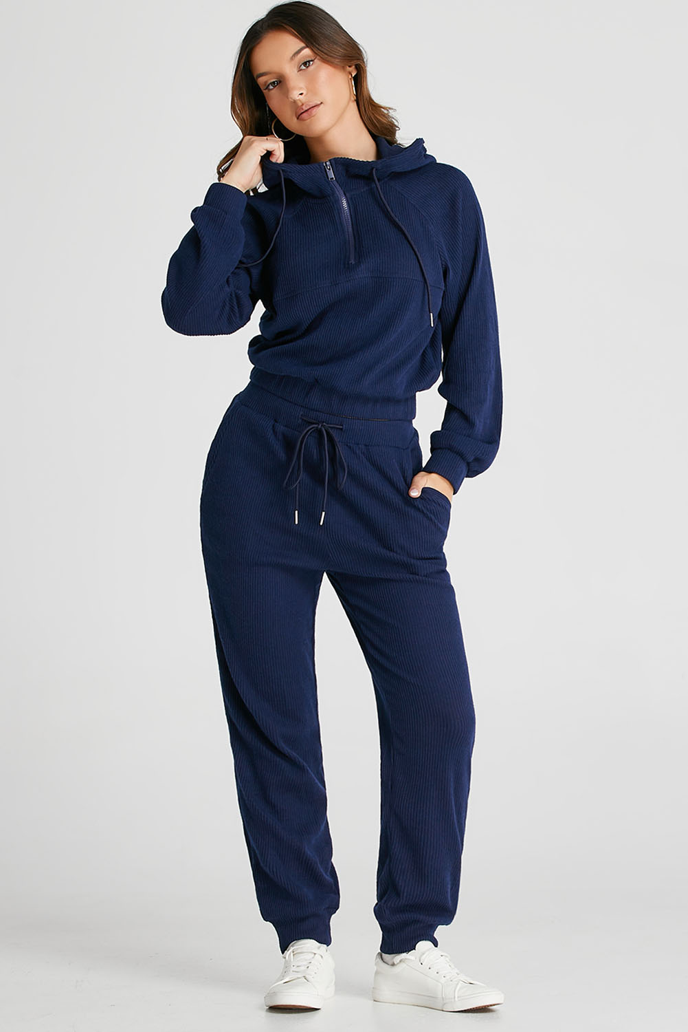 Navy Blue Ribbed Knit Cropped Hoodie and Drawstring Joggers Set - loveforevers