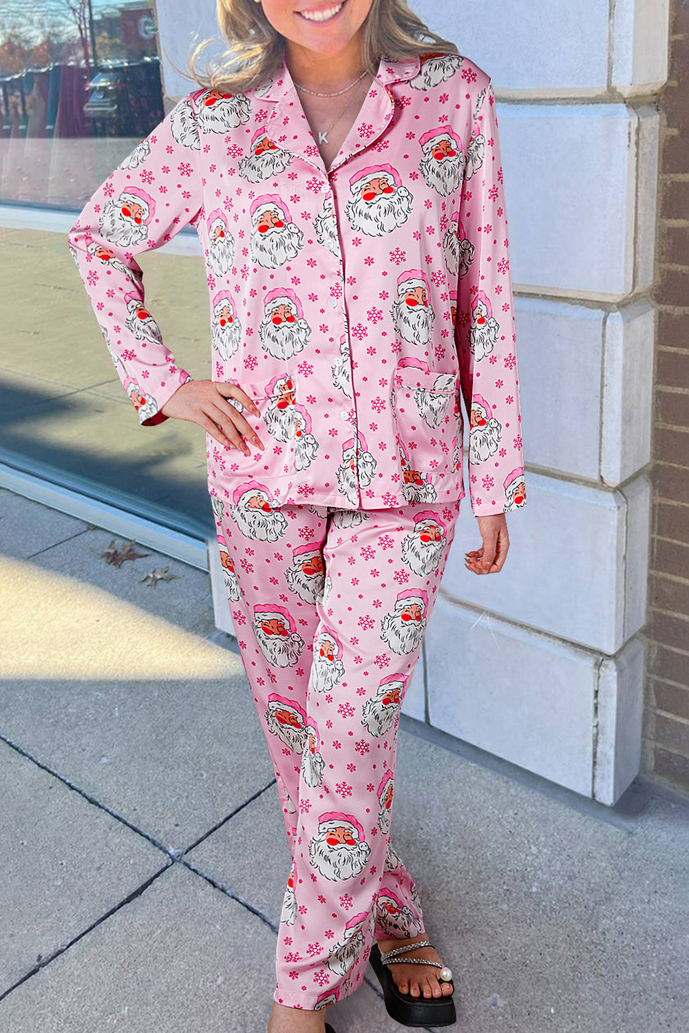 Pink Santa Claus Snowflake Long Sleeve Shirt Christmas Pajama Set - loveforevers