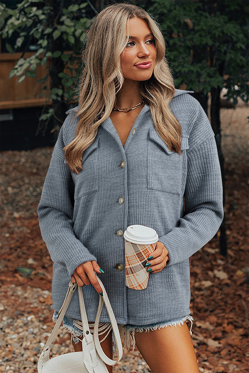 Medium Grey Ribbed Knit Buttons Front Flap Pocket Casual Shacket - loveforevers