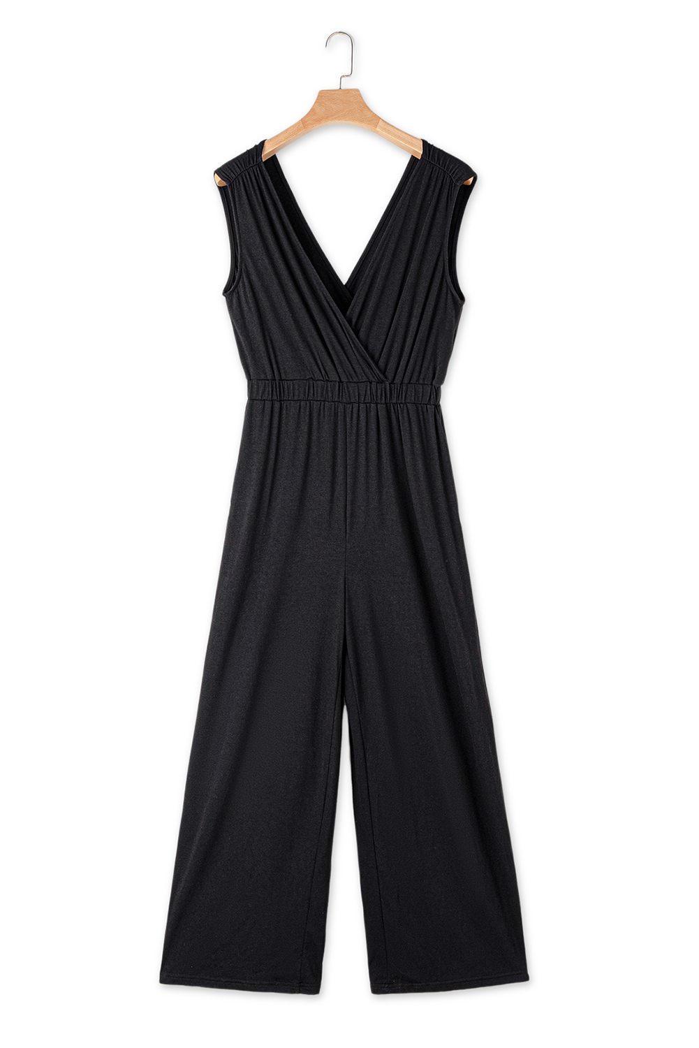 Black Deep V Pleated Crisscross Wide Leg Backless Jumpsuit - loveforevers