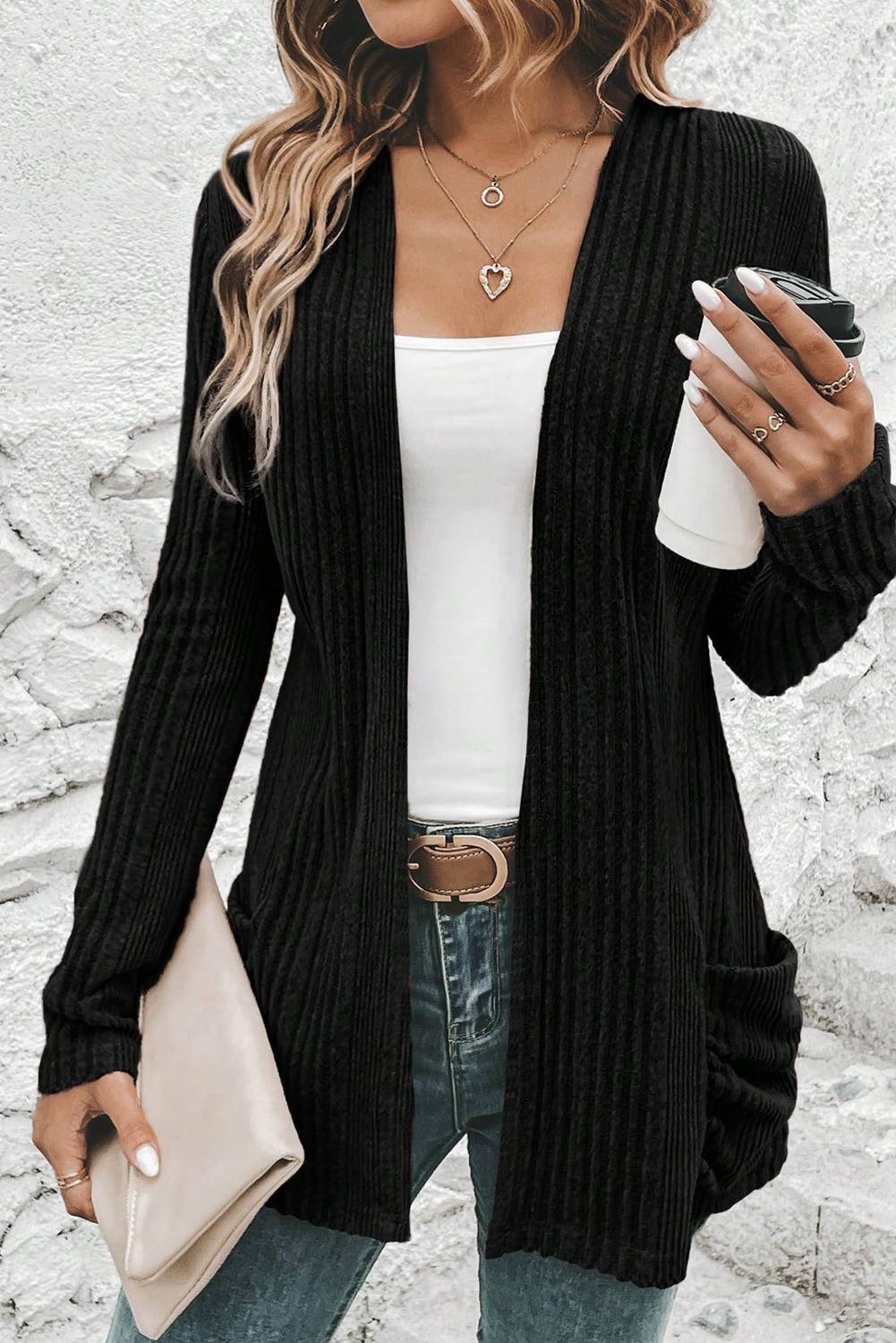 Stone Blue Ribbed Open Front Knitted Top with Pockets - loveforevers