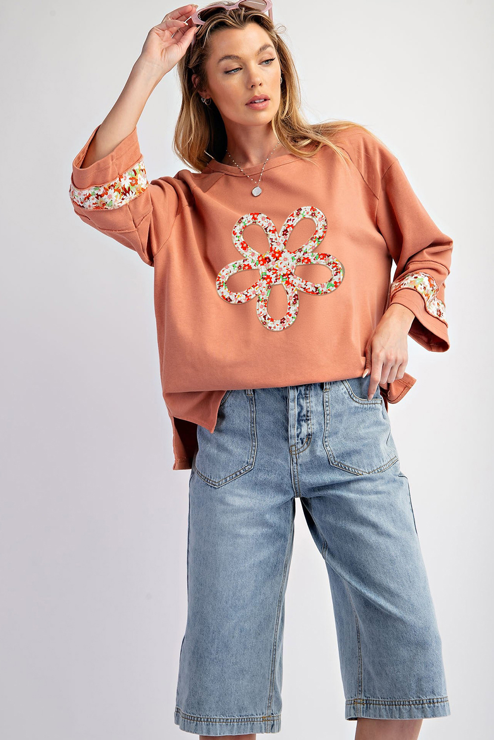 Beige Flower Patch Graphic Exposed Seam Wide Sleeve Top - loveforevers