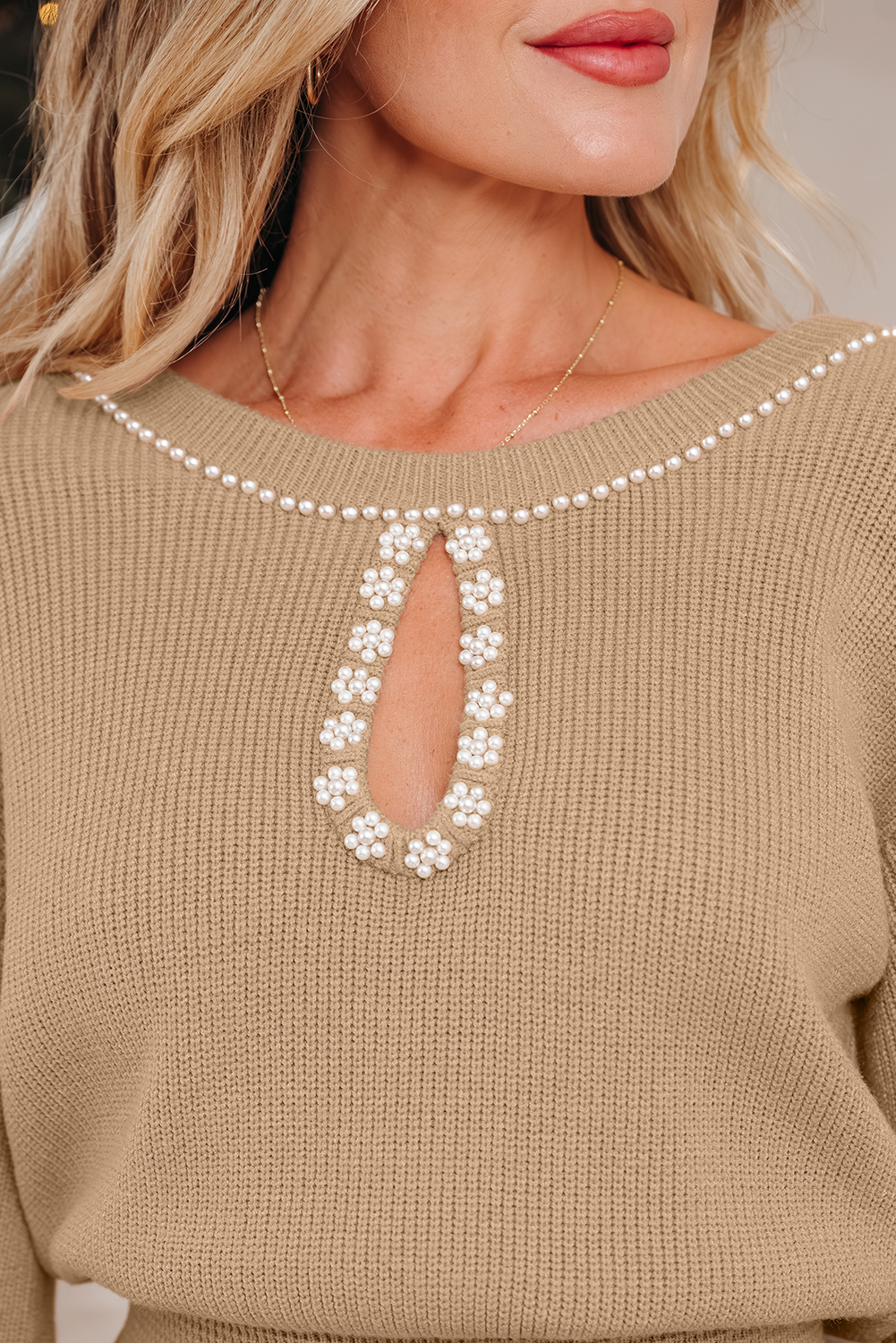 Smoke Gray Pearl Embellished Keyhole Ribbed Sweater Dress - loveforevers