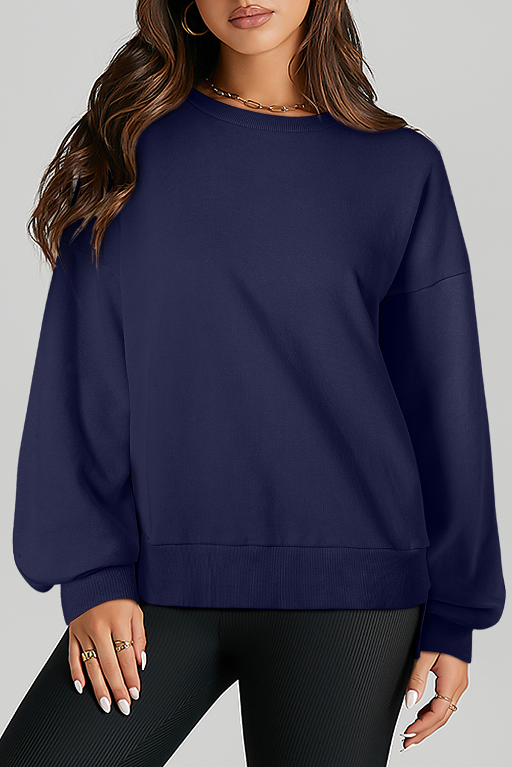 Navy Blue Solid O Neck High Low Hem Pullover Sweatshirt - loveforevers