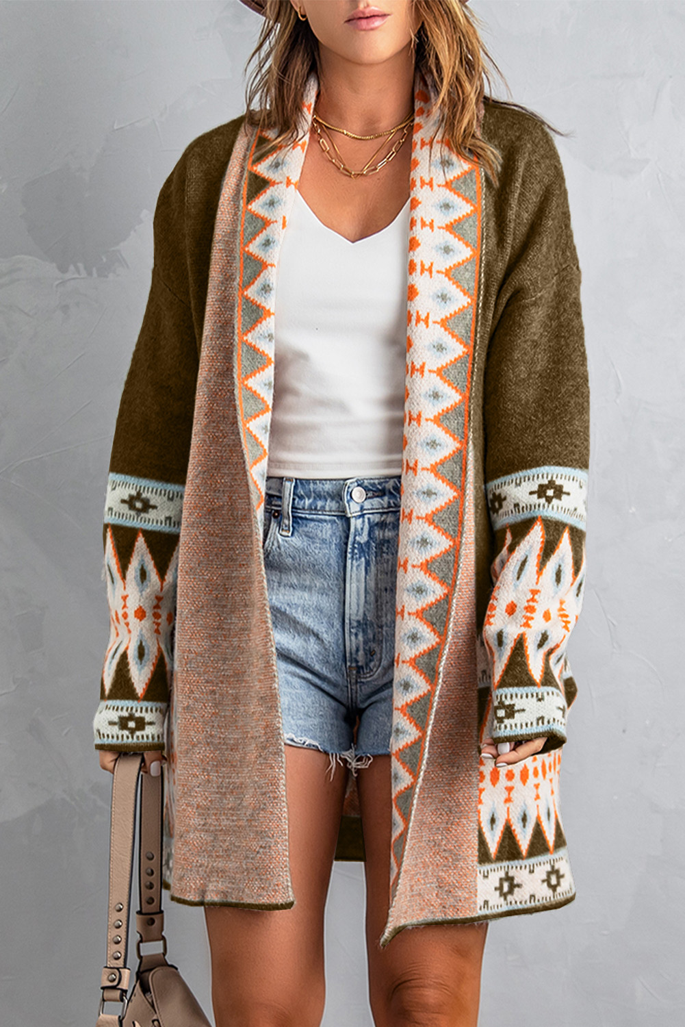 Brown Aztec Print Open Front Knitted Cardigan - loveforevers