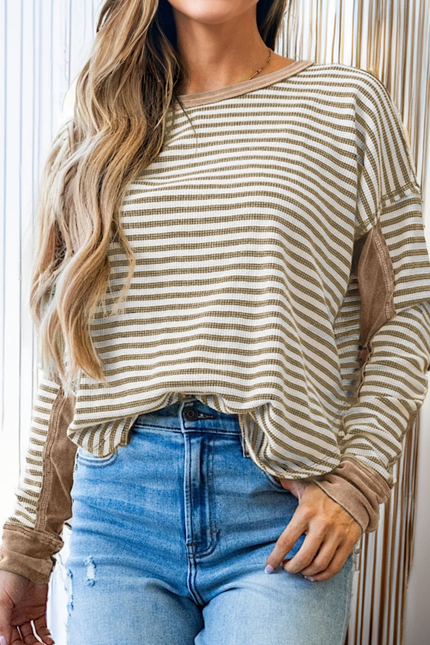 Dearlovers Green Stripe Thermal Knit Drop Shoulder Casual Top - loveforevers