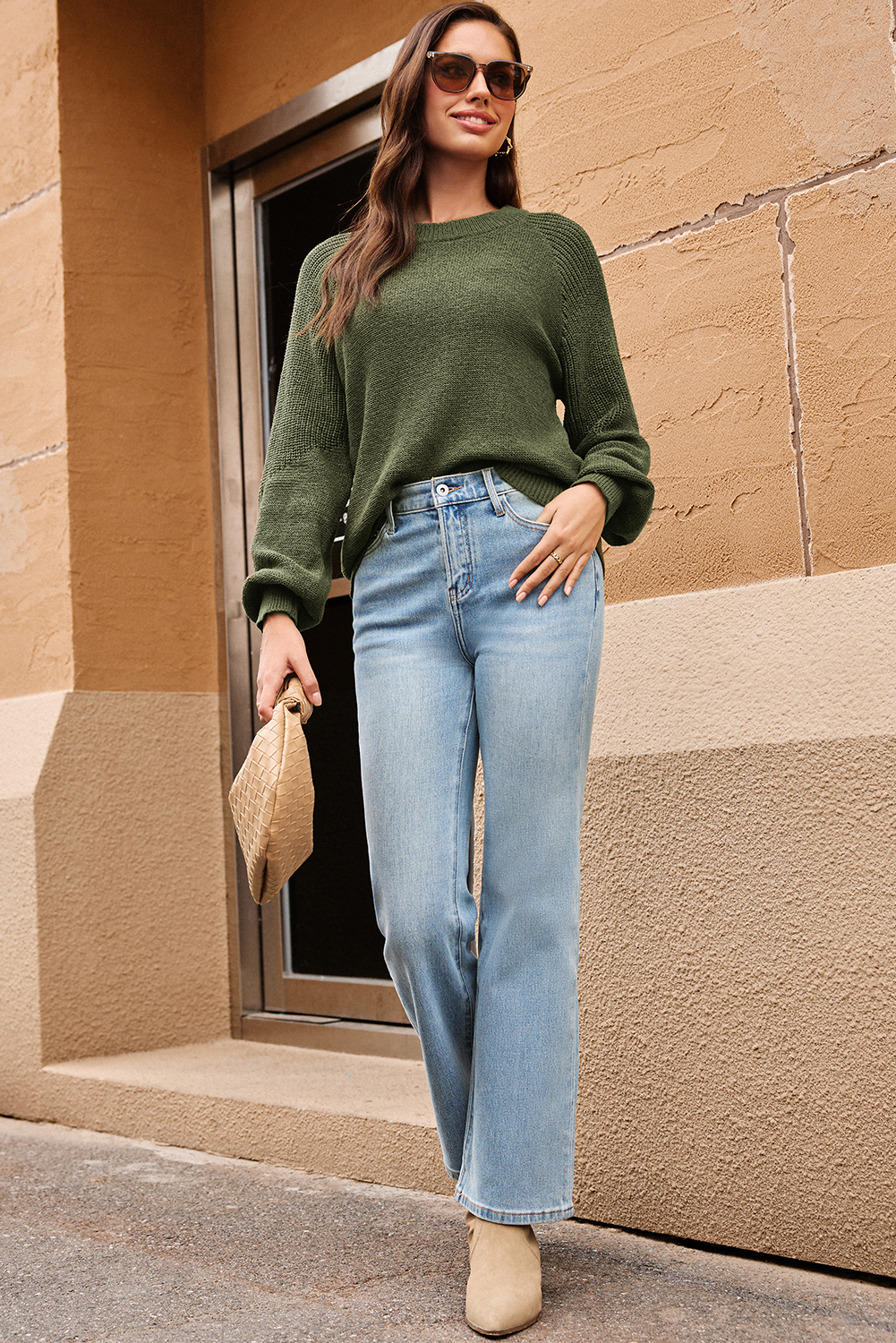Vineyard Green Chunky Knit Raglan Sleeve Pullover Sweater - loveforevers