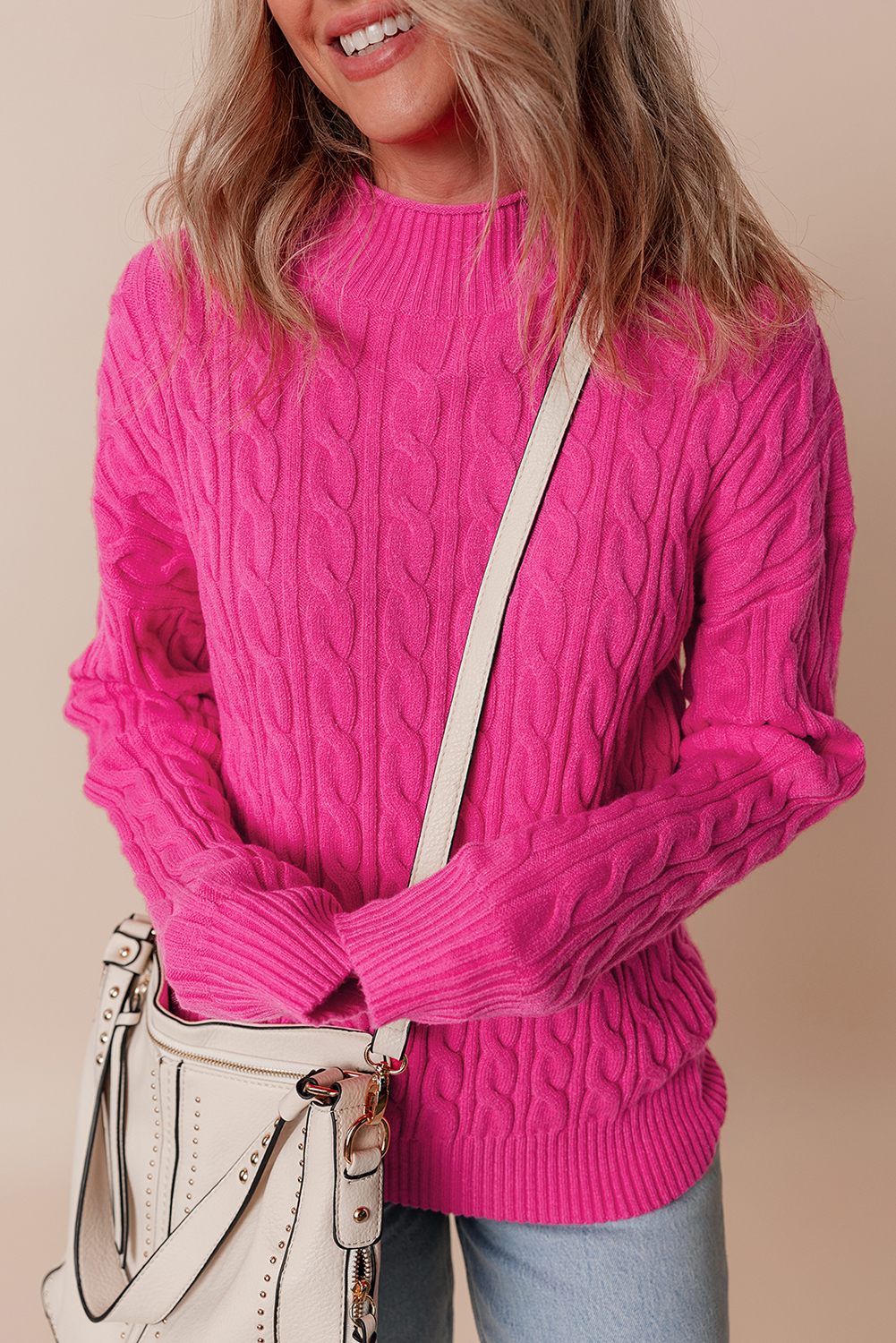 Rose Red Solid Cable Knit High Neck Drop Shoulder Sweater - loveforevers