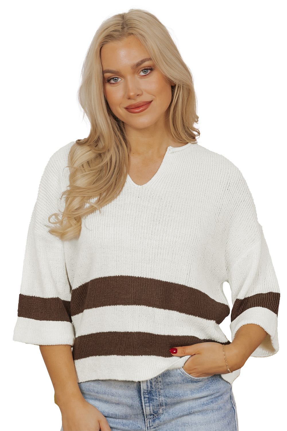 Brown Striped Accent Notched V Neck Cropped Sweater T Shirt - loveforevers