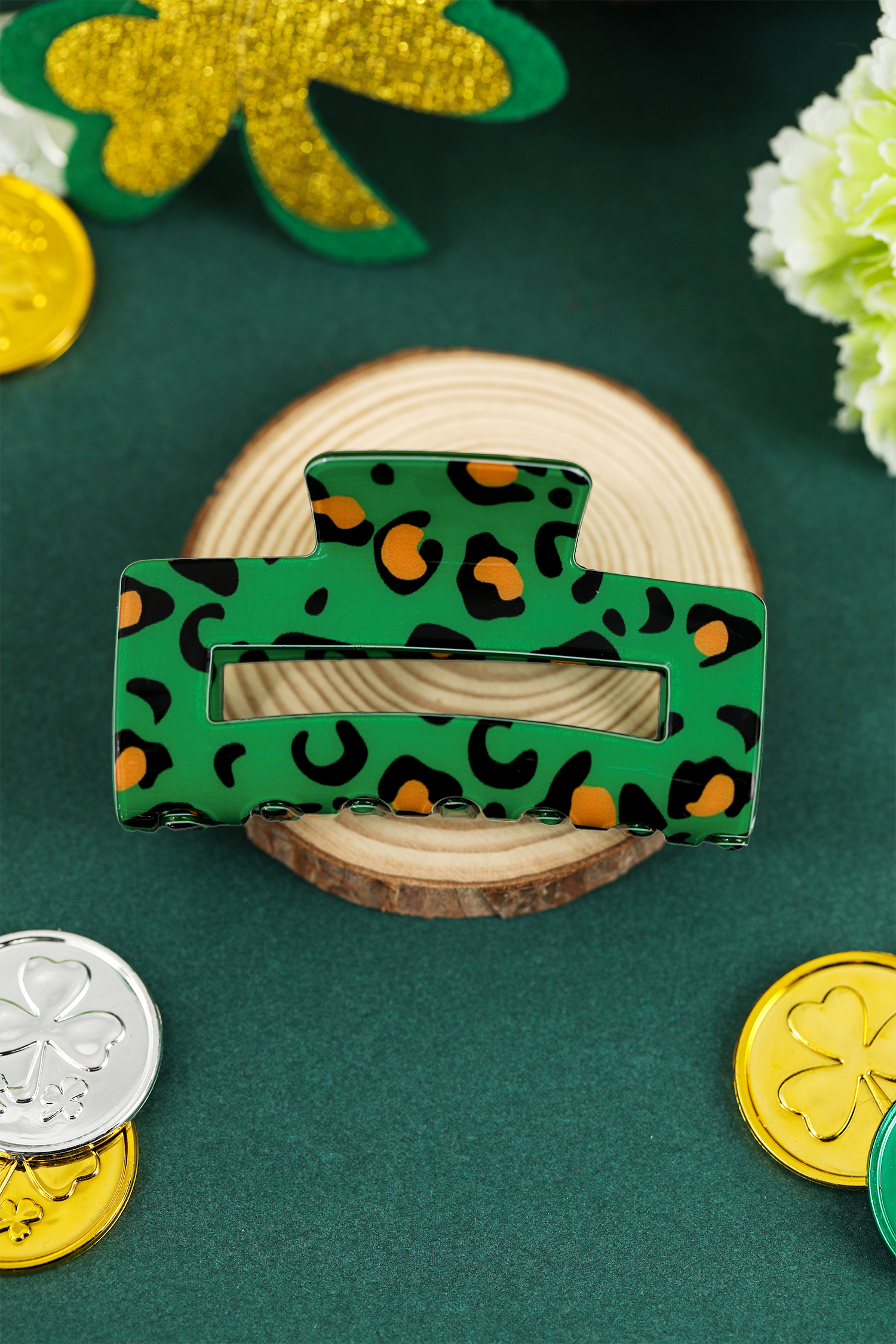Dark Green Leopard Print Square Hollowed Plastic Hair Claw Clip - loveforevers