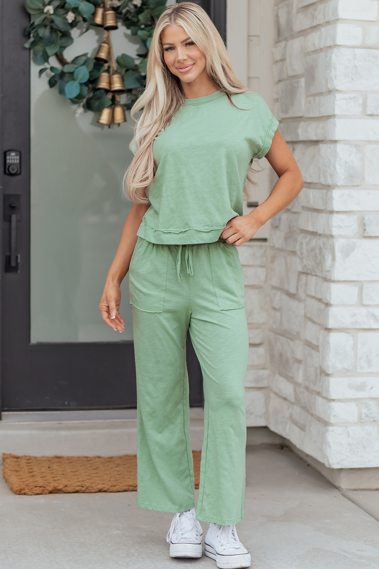 Canton Cuffed Short Sleeve Tee Raw Seam Patch Pocket Drawstring Pants Set - loveforevers