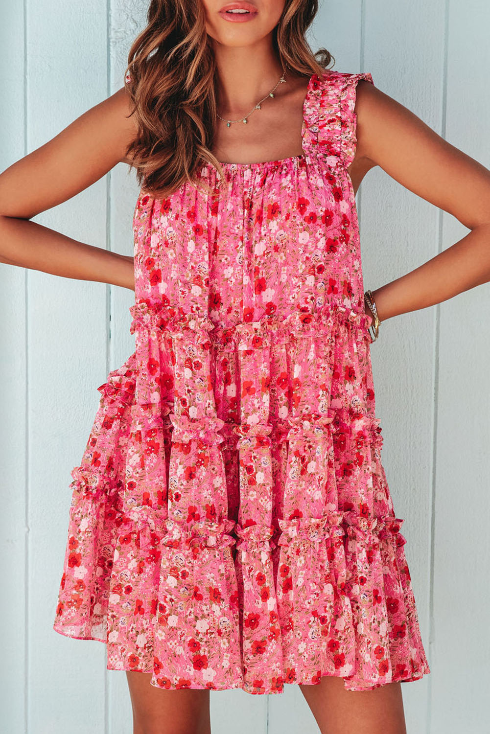 Fiery Red Tiered Ruffled Square Neck Sleeveless Floral Mini Dress - loveforevers
