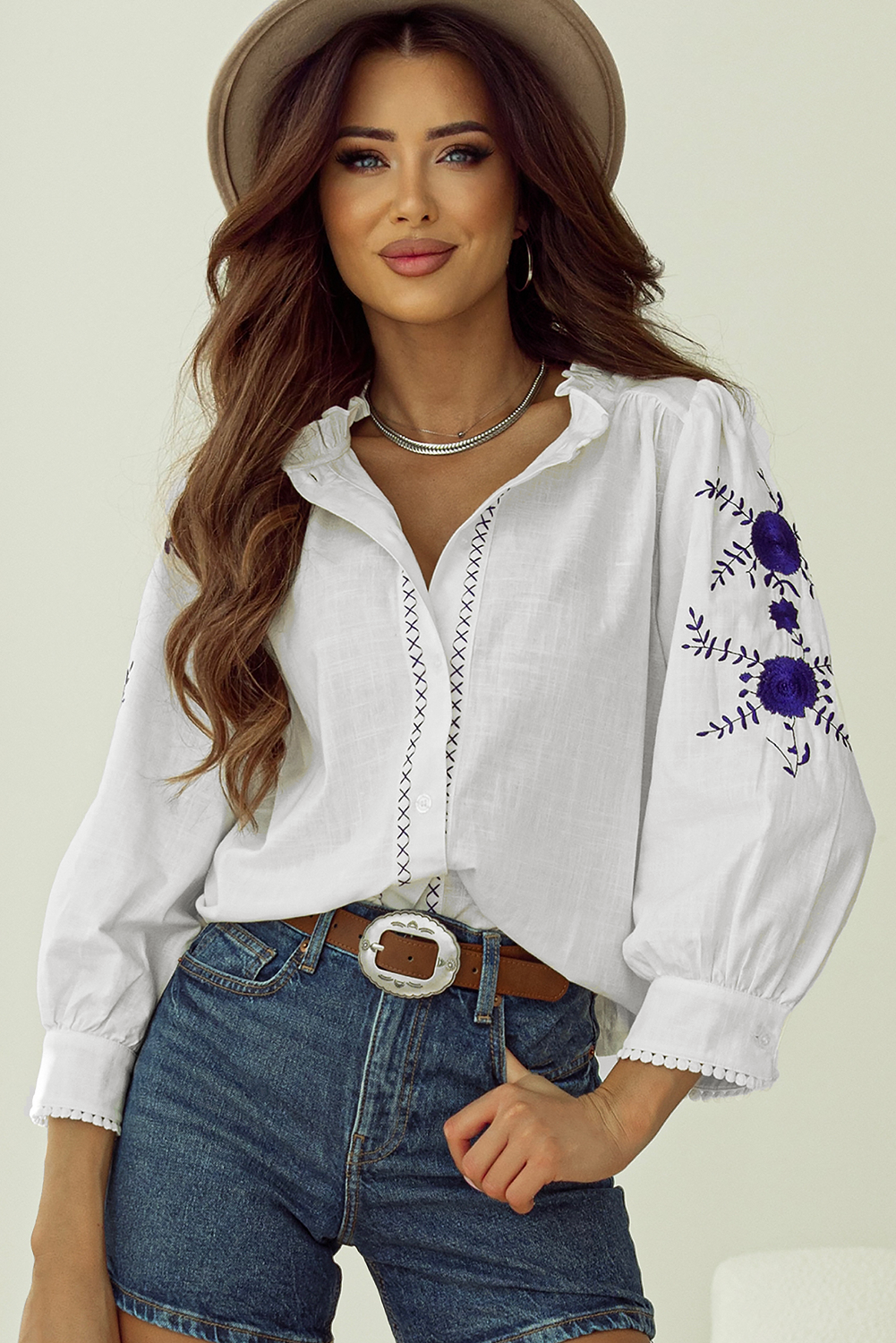 White Floral Embroidered Bracelet Sleeve Shirt - loveforevers