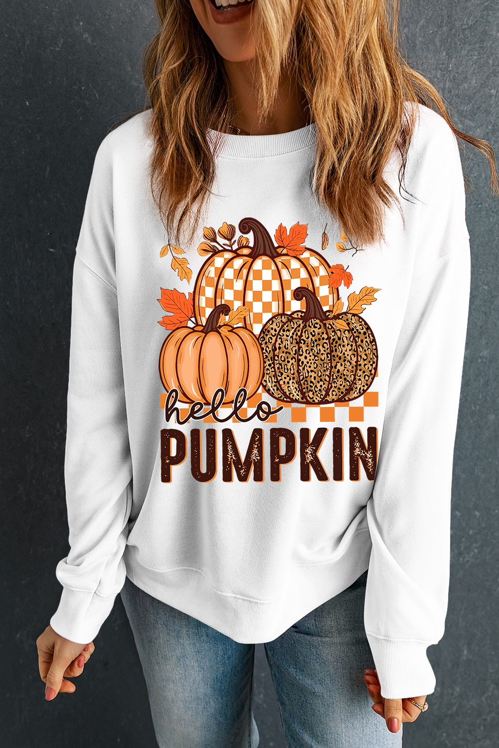 White Hello Pumpkin Thanksgiving Graphic Sweatshirt - loveforevers