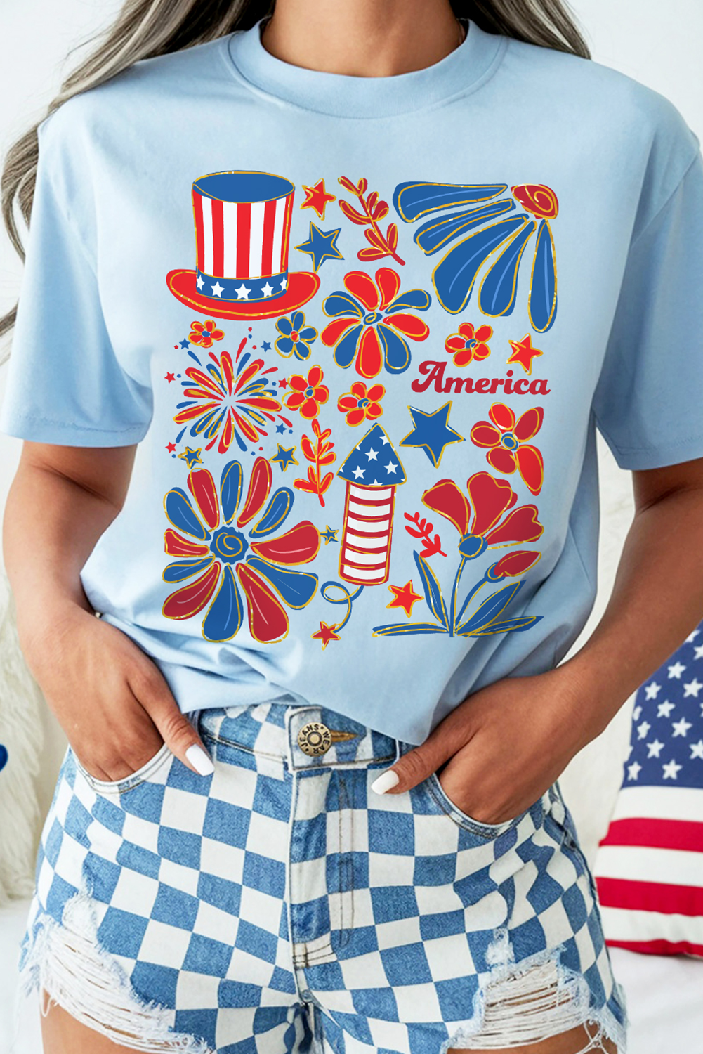 Light Blue America Floral Firework Print 4th of July T Shirt - loveforevers
