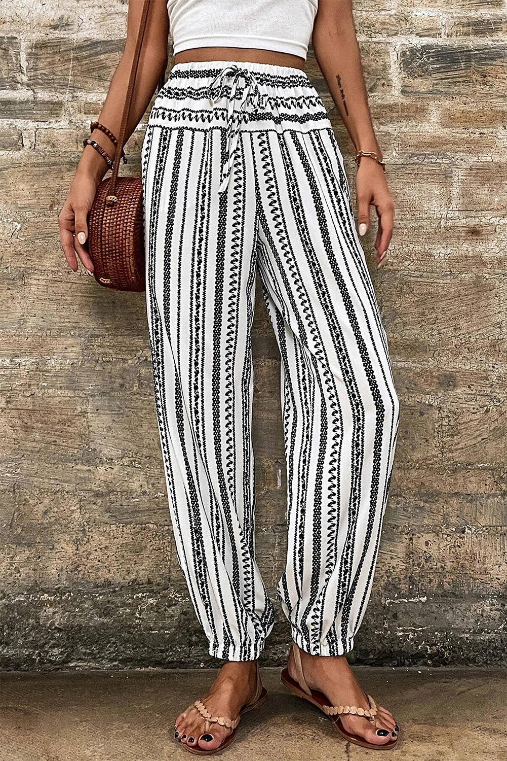 Black Stripe Boho Print Drawstring Elastic Waistband Casual Joggers - loveforevers