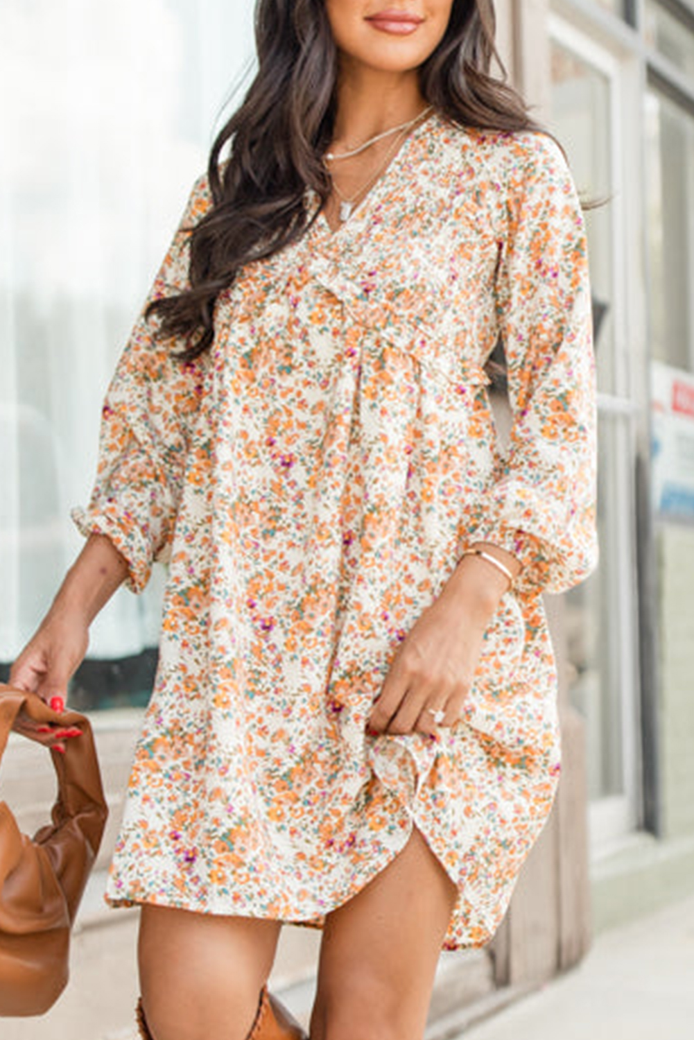 Yellow Boho Floral V Neck Ruffled Empire Waist Long Sleeve Mini Dress - loveforevers