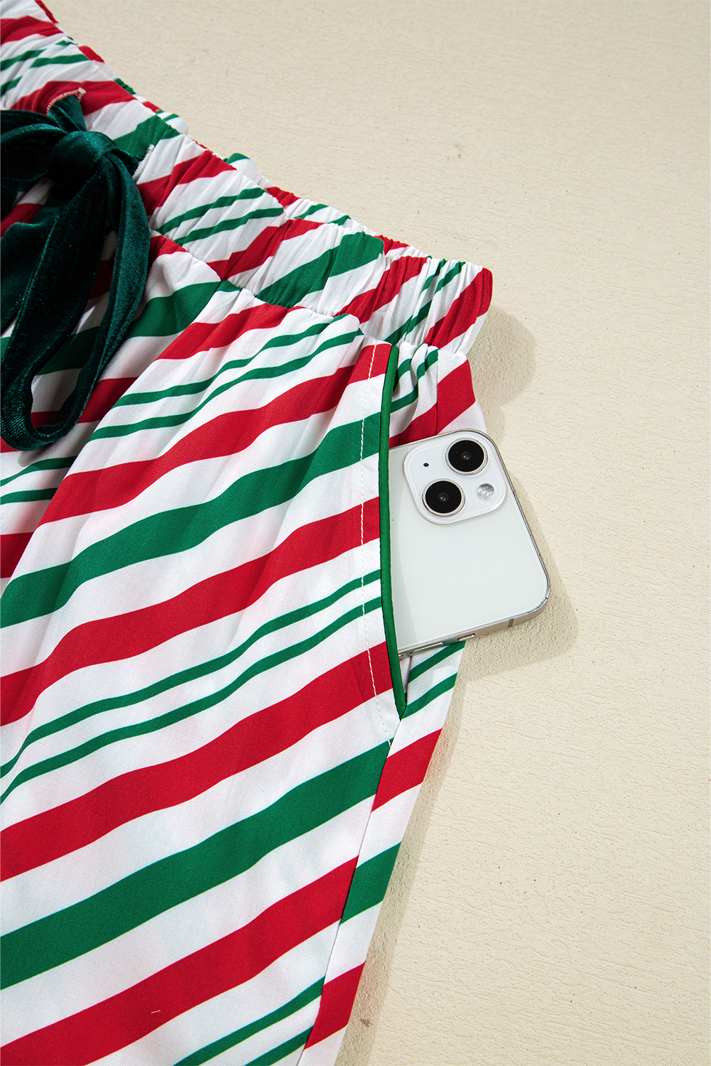 Green Stripe Contrast Velvet Ribbon Knot Christmas 2pcs Pajama Set - loveforevers