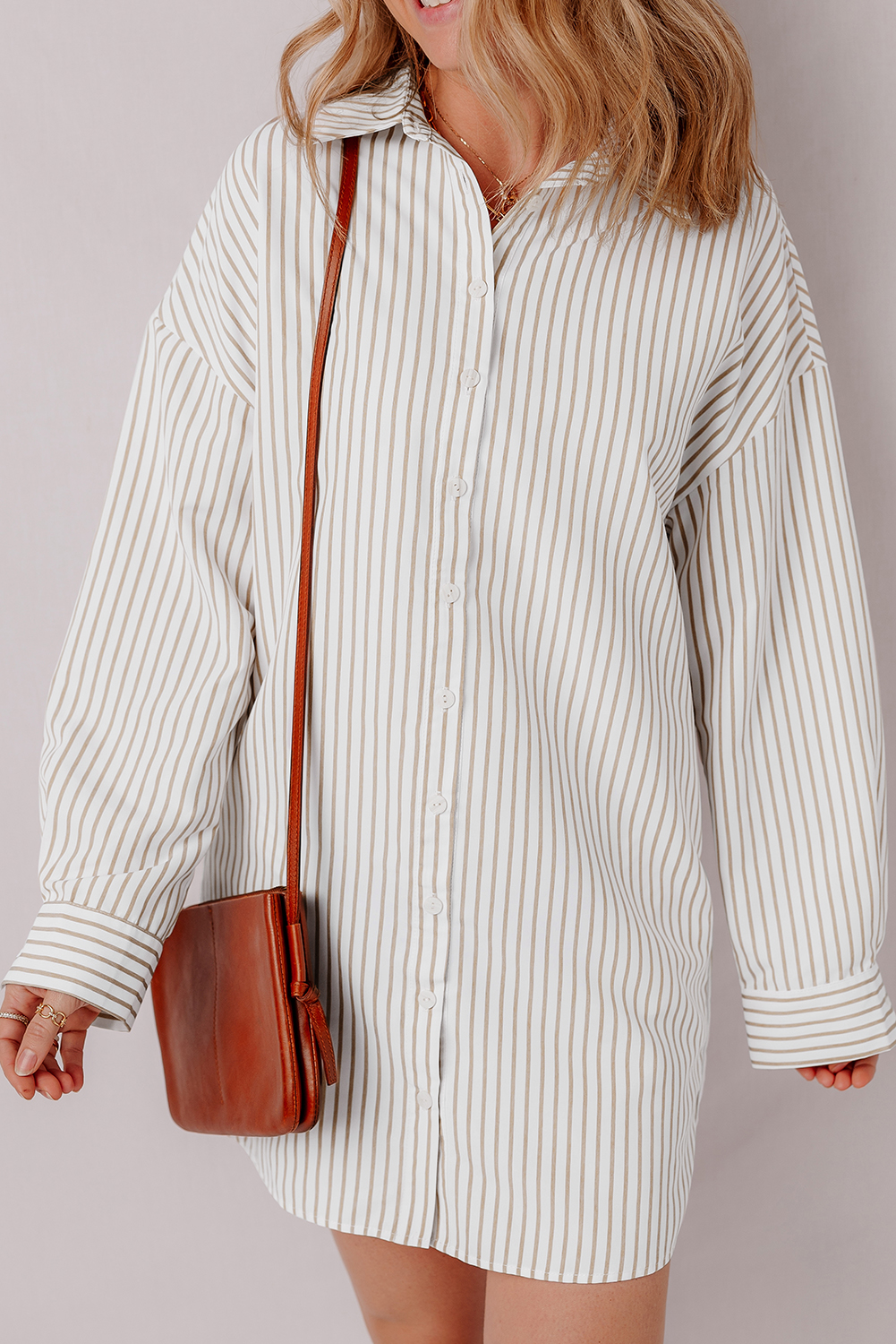 Khaki Stripe Long Sleeve Button Up Mini Shirt Dress - loveforevers