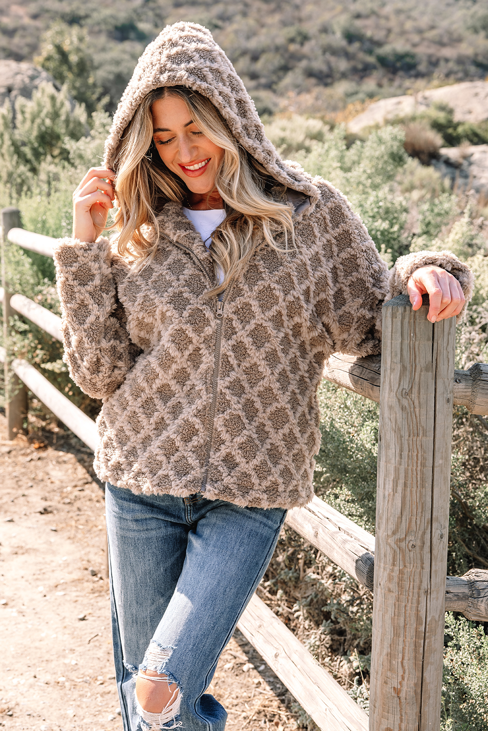 Chestnut Sherpa Rhombus Zip Up Side Pocket Hooded Jacket - loveforevers