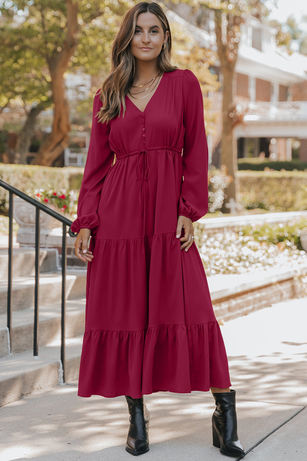 Blackish Green Solid Long Sleeve Button V Neck Tiered Maxi Dress - loveforevers