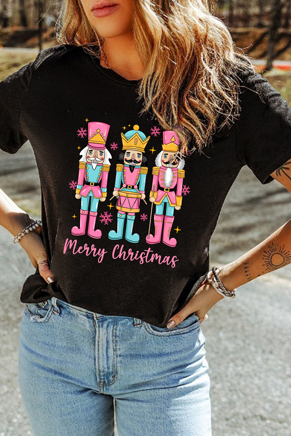 Black Merry Christmas Nutcracker Doll Printed T Shirt - loveforevers