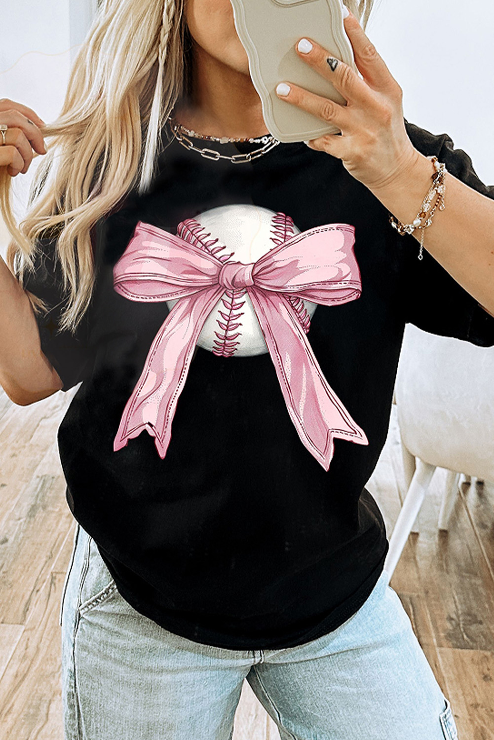 Black Baseball Bow Knot Print Round Neck T Shirt - loveforevers