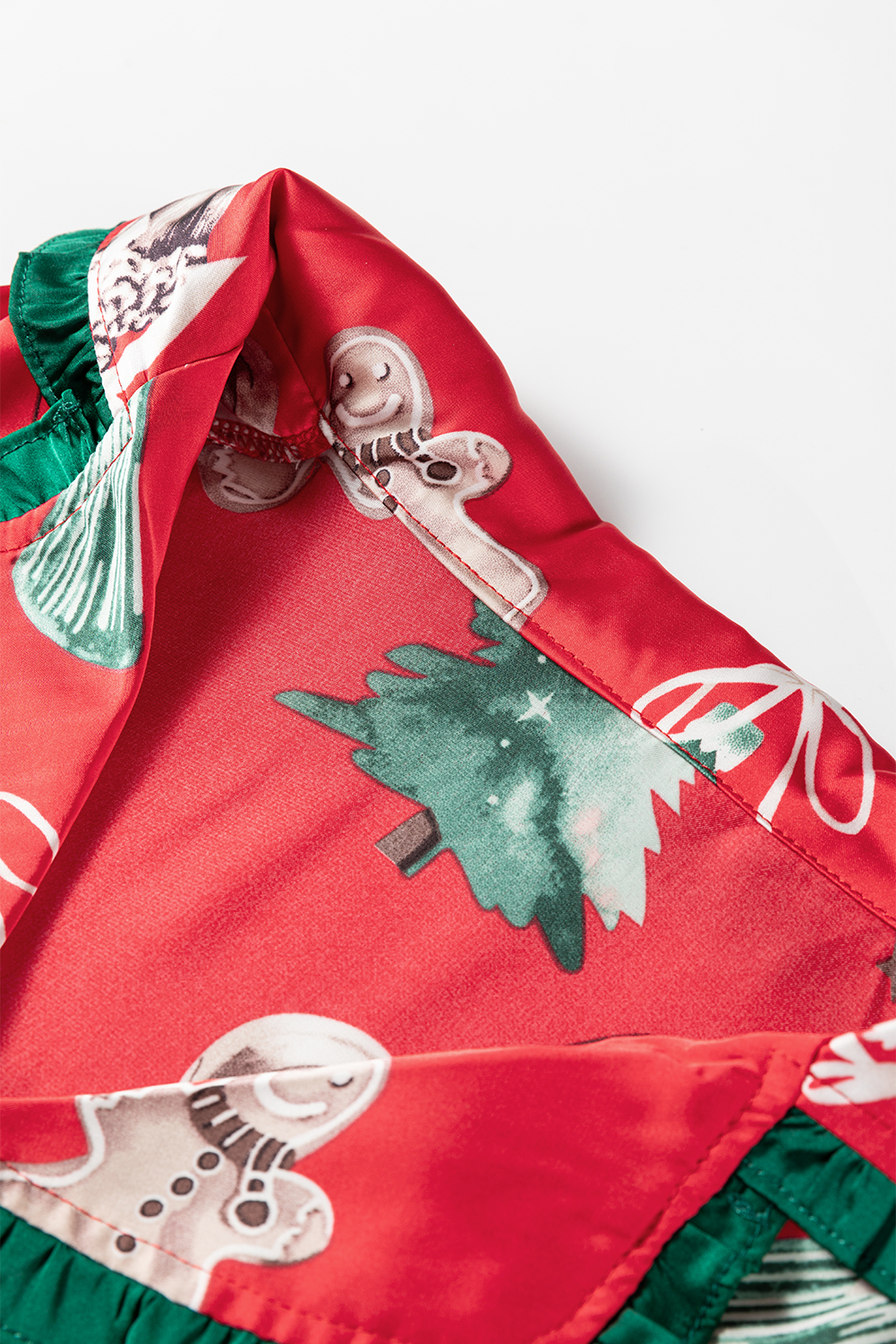 Red Christmas Fashion Print Contrast Ruffle Trim Ribbon Bow Knot 2pcs Pajama Set - loveforevers