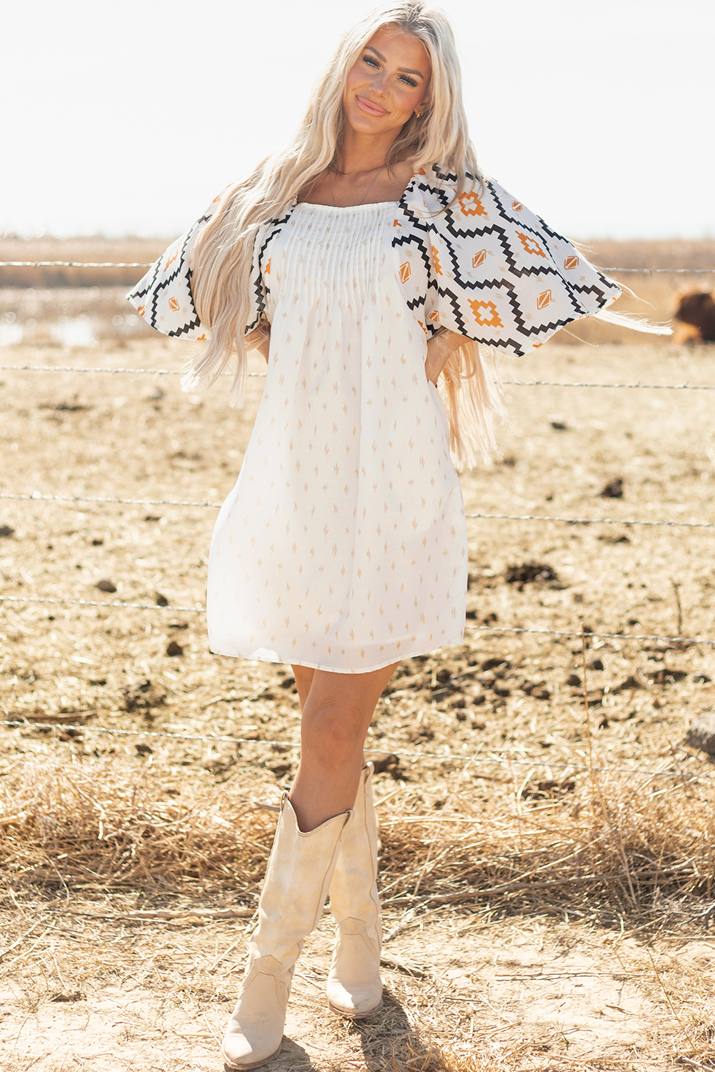 Beige Western Aztec Print Pleated Square Neck Loose Mini Dress - loveforevers