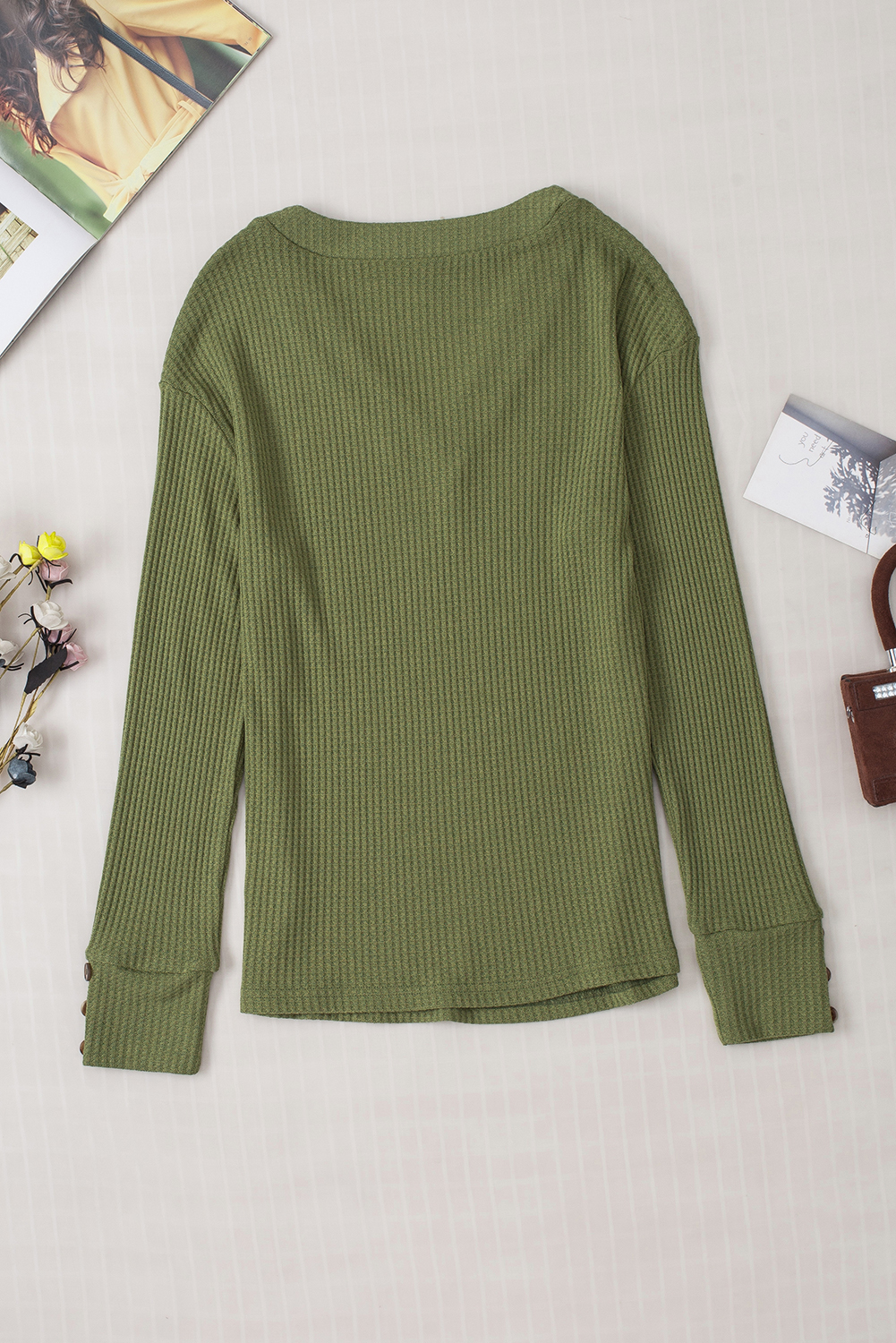 Jungle Green Textured Knit V Neck Button Cuffs Long Sleeve Top - loveforevers