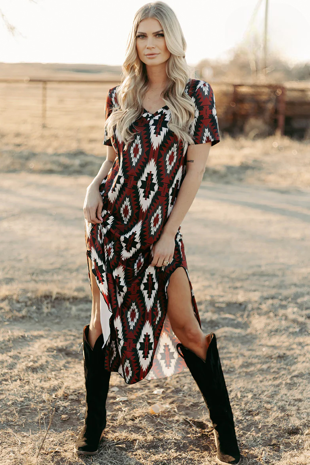 Red Western Aztec Printed Long T-shirt Dress - loveforevers