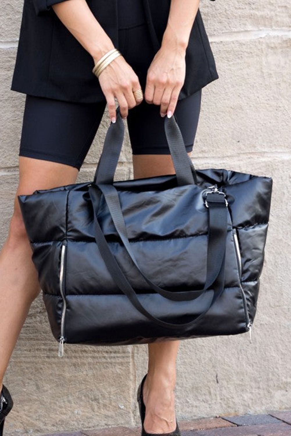 Black Solid Zipper Puffer Large Tote Bag - loveforevers