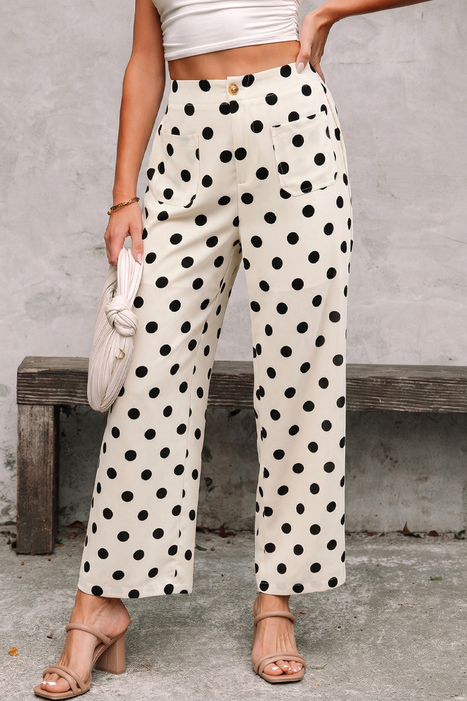 White Polka Dot Print Patched Pocket Loose Pants - loveforevers