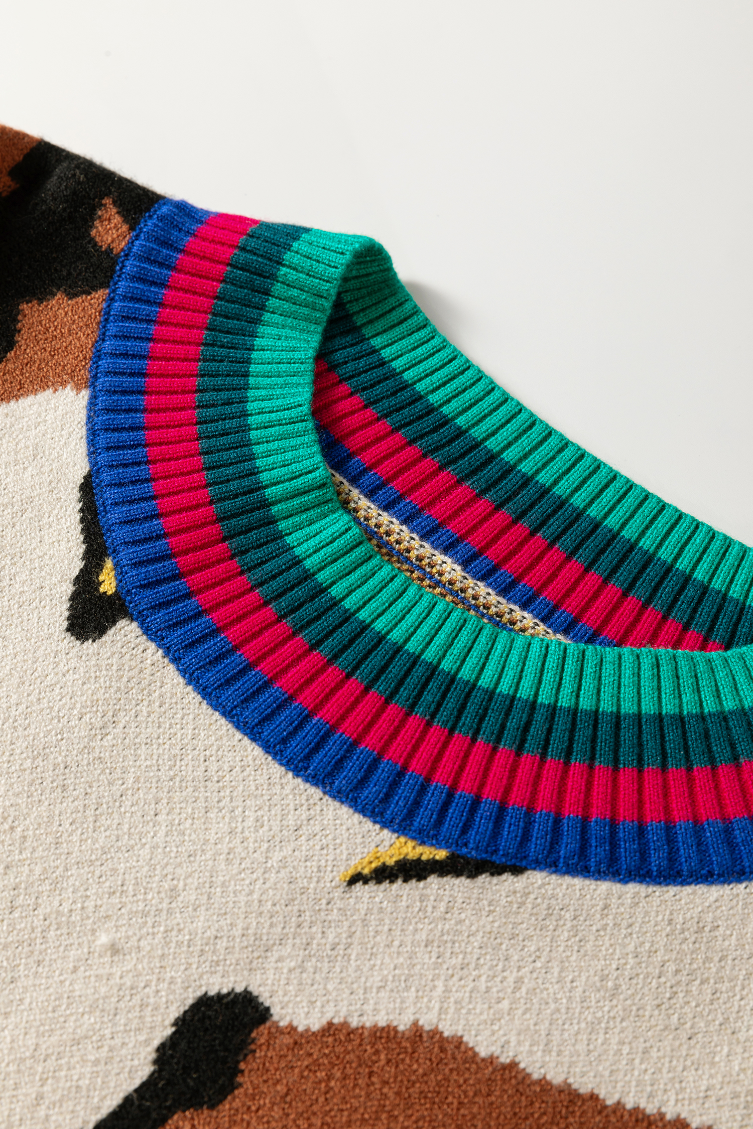Apricot Contrast Ribbed Stripes Detail Animal Pattern Knit Sweater - loveforevers