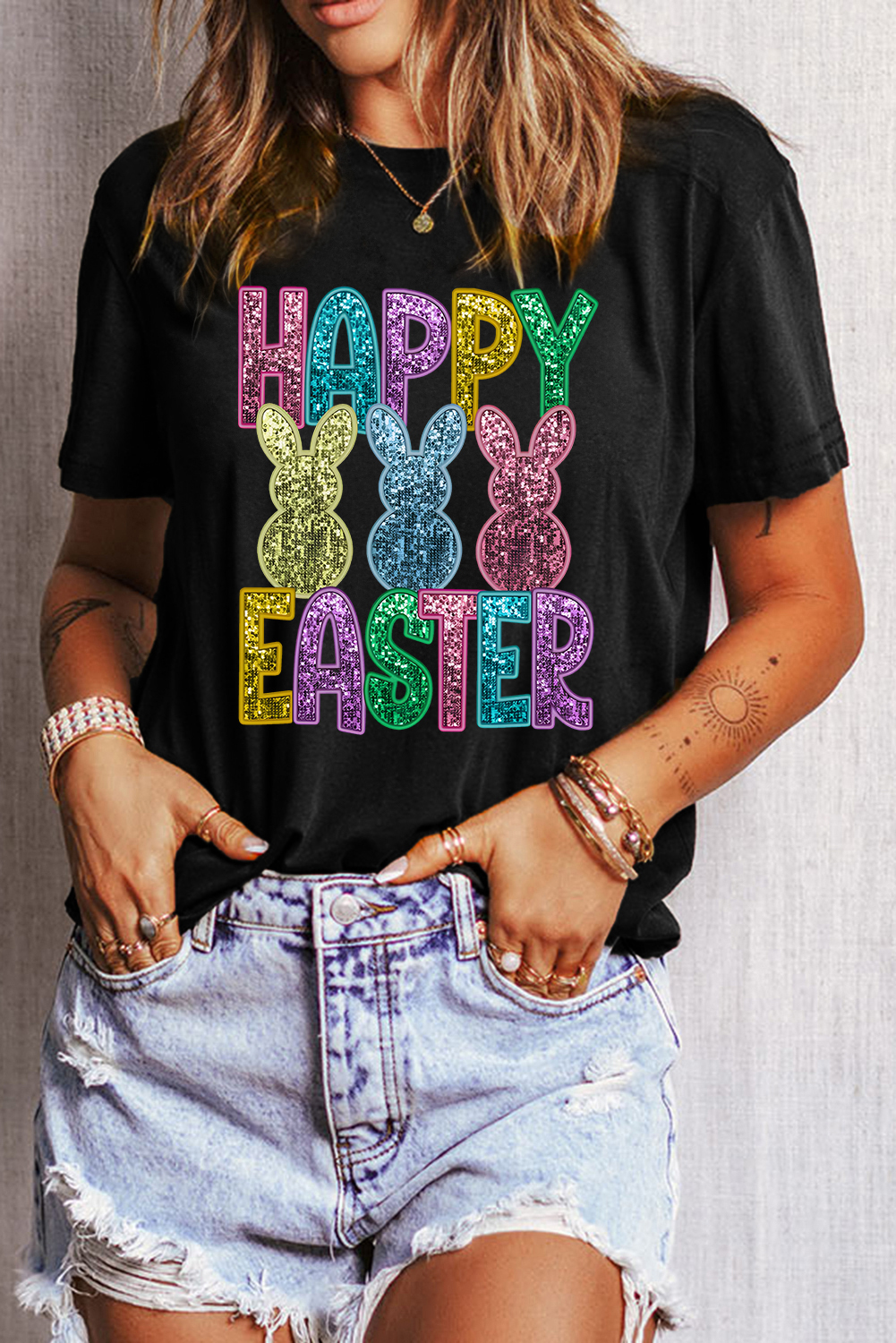 Black Glittering Bunny HAPPY EASTER Graphic T Shirt - loveforevers