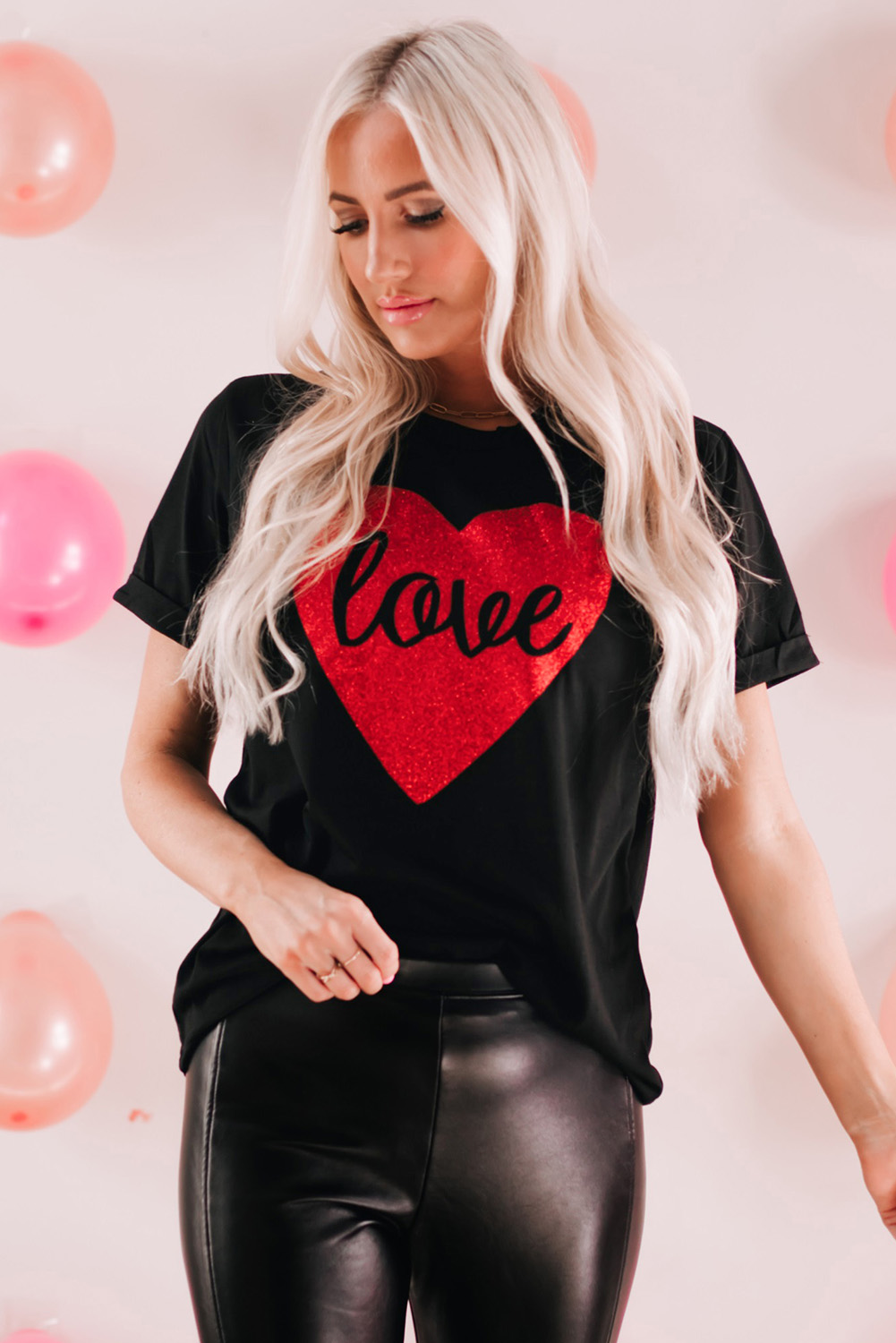 Black Love Heart Shaped Glitter Print T Shirt - loveforevers