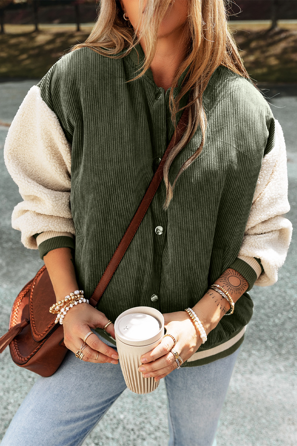 Mist Green Corduroy Fleece Patchwork Buttoned Bomber Jacket - loveforevers