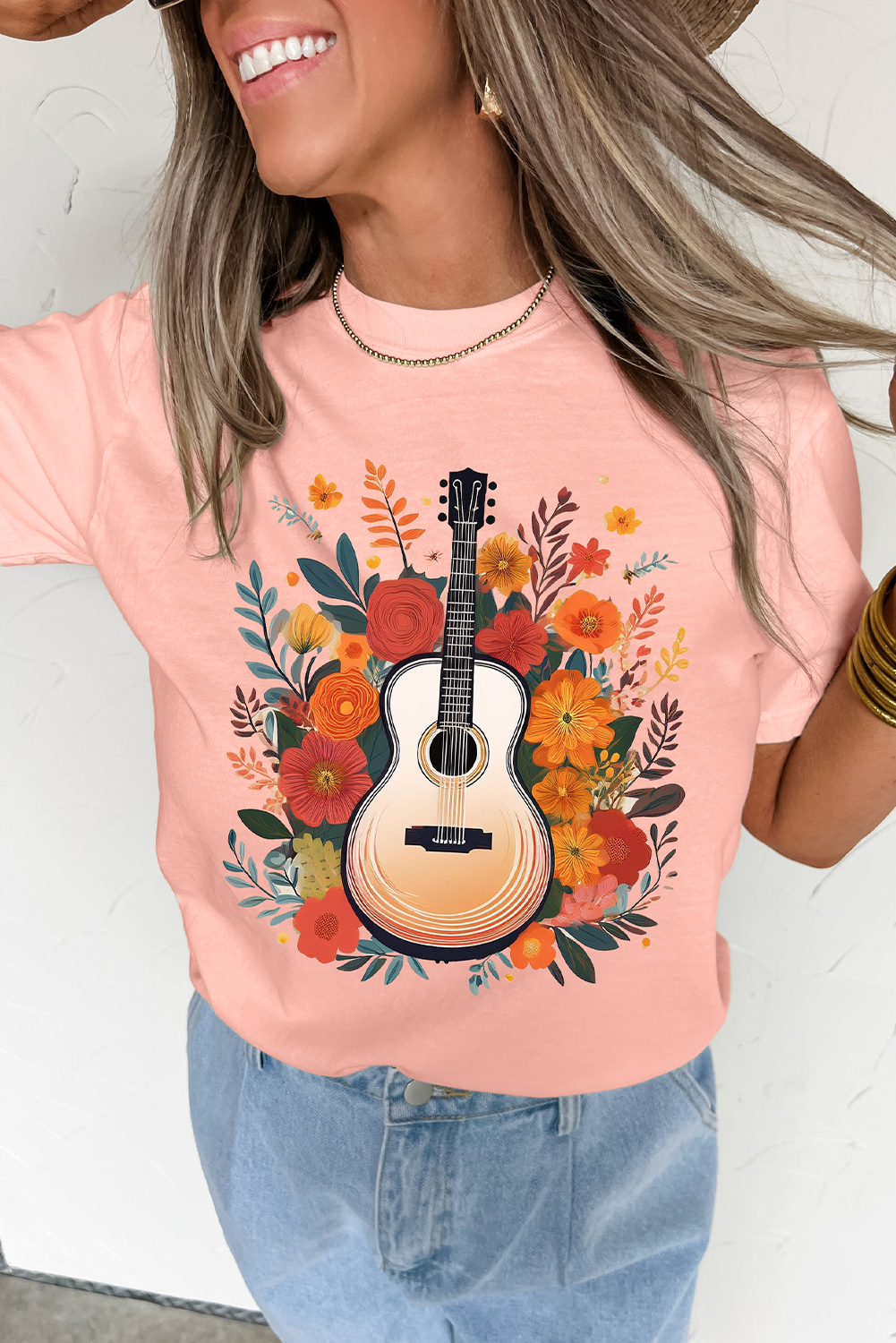 Pink Guitar Flower Print Crew Neck Loose T Shirt - loveforevers