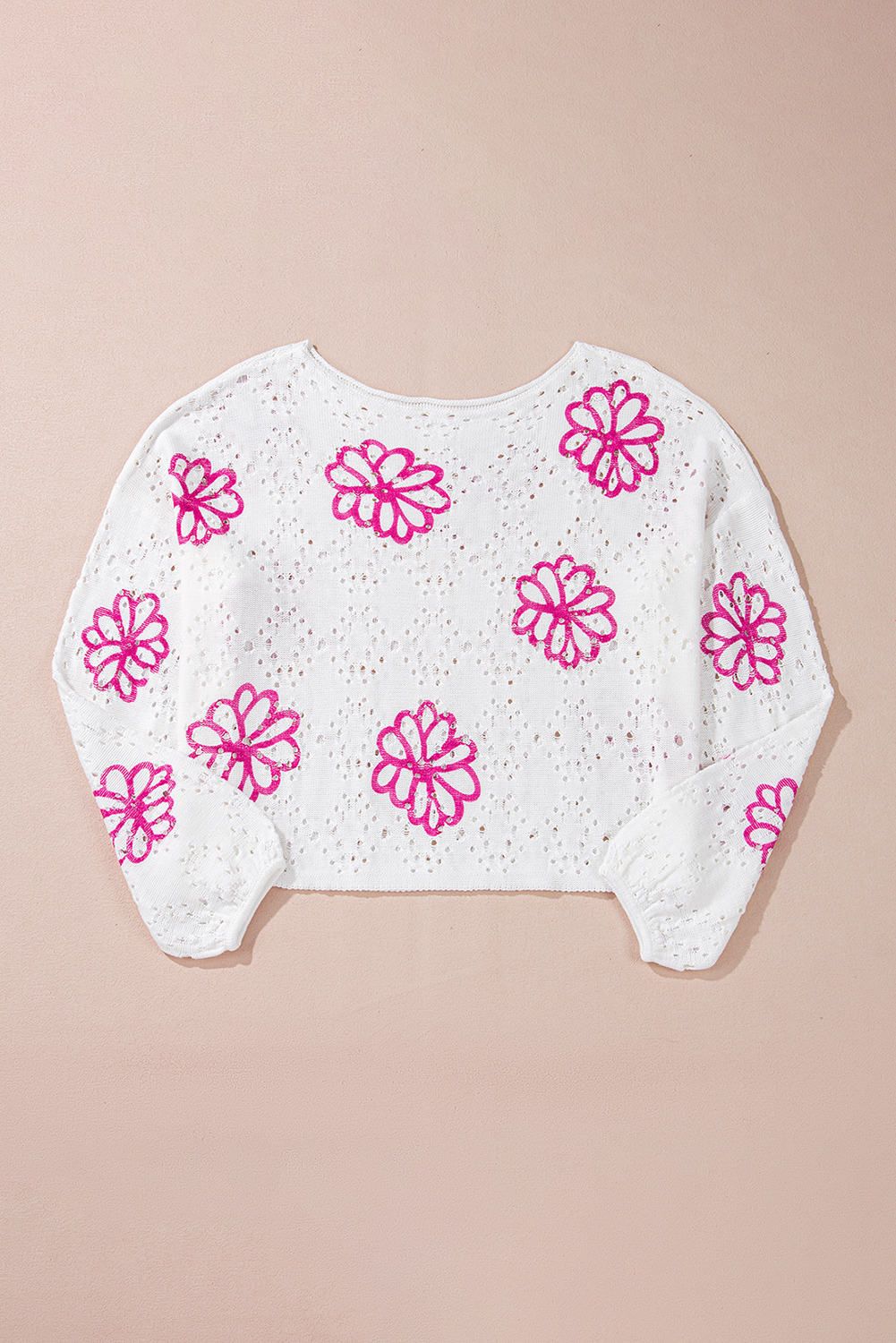 Beige Contrast Flower Print Eyelet Drop Shoulder Sweater - loveforevers