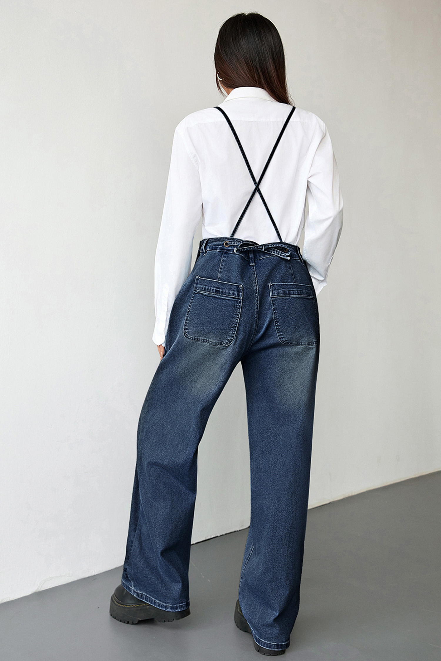 Dark Blue Crossed Tie Straps Bib Pocket Loose Denim Overalls - loveforevers